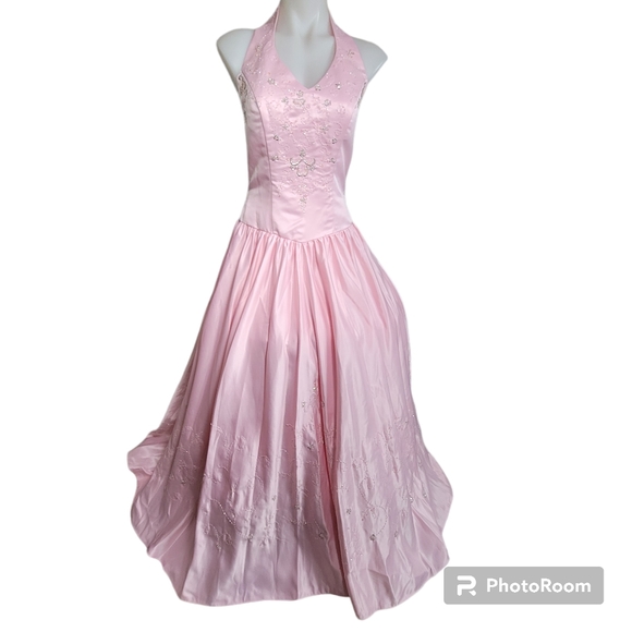 * Amy Lee by hilton bridal 8 halter Top maxi gown pink embroidered and seq… - Picture 3 of 11